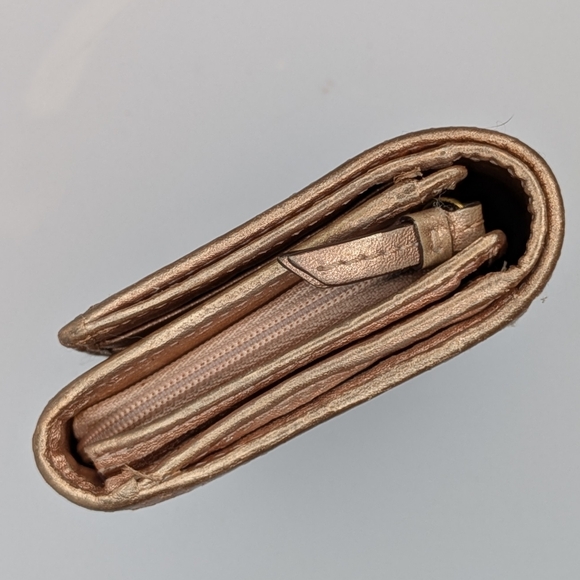 Coach Wallet Signature Canvas Trifold Khaki Brown Rose Gold Metallic Leather - Picture 9 of 14